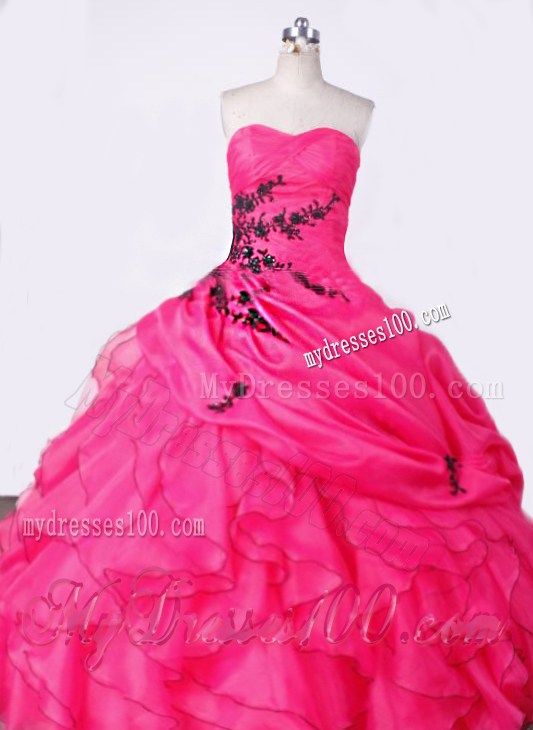 Ruffled Hot Pink Sweetheart Floor-length Appliqued Quinceanera Dress